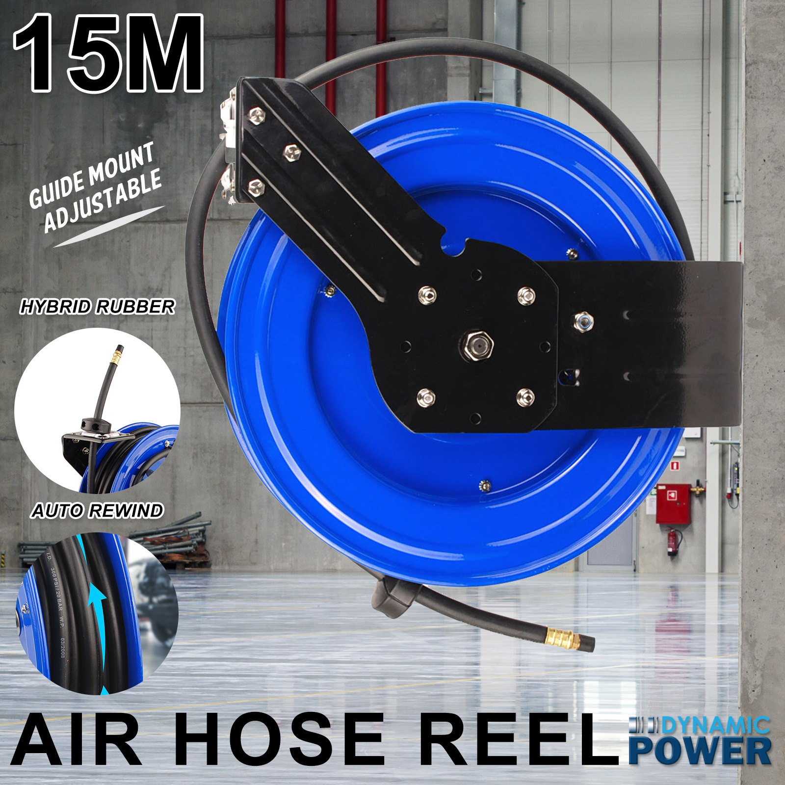 15m Retractable Auto Rewind Air Hose Reel Industrial Grade Tool Bracket