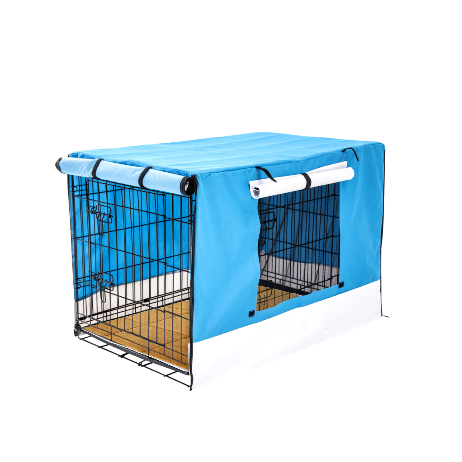 24in Foldable Wire Dog Cage with Tray + Cushion Mat + BLUE Cover