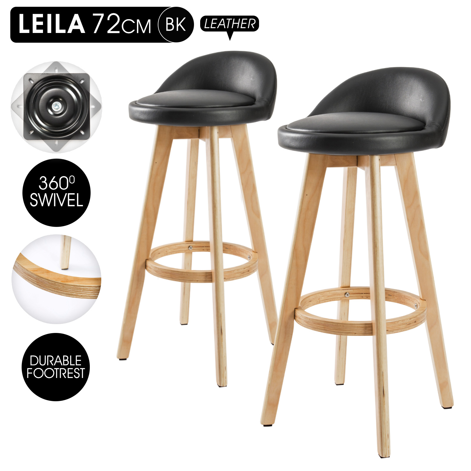 2X Wooden Bar Stool Barstools Dining Chair Kitchen Stools Swivel PU Fabric - Picture 175 of 210