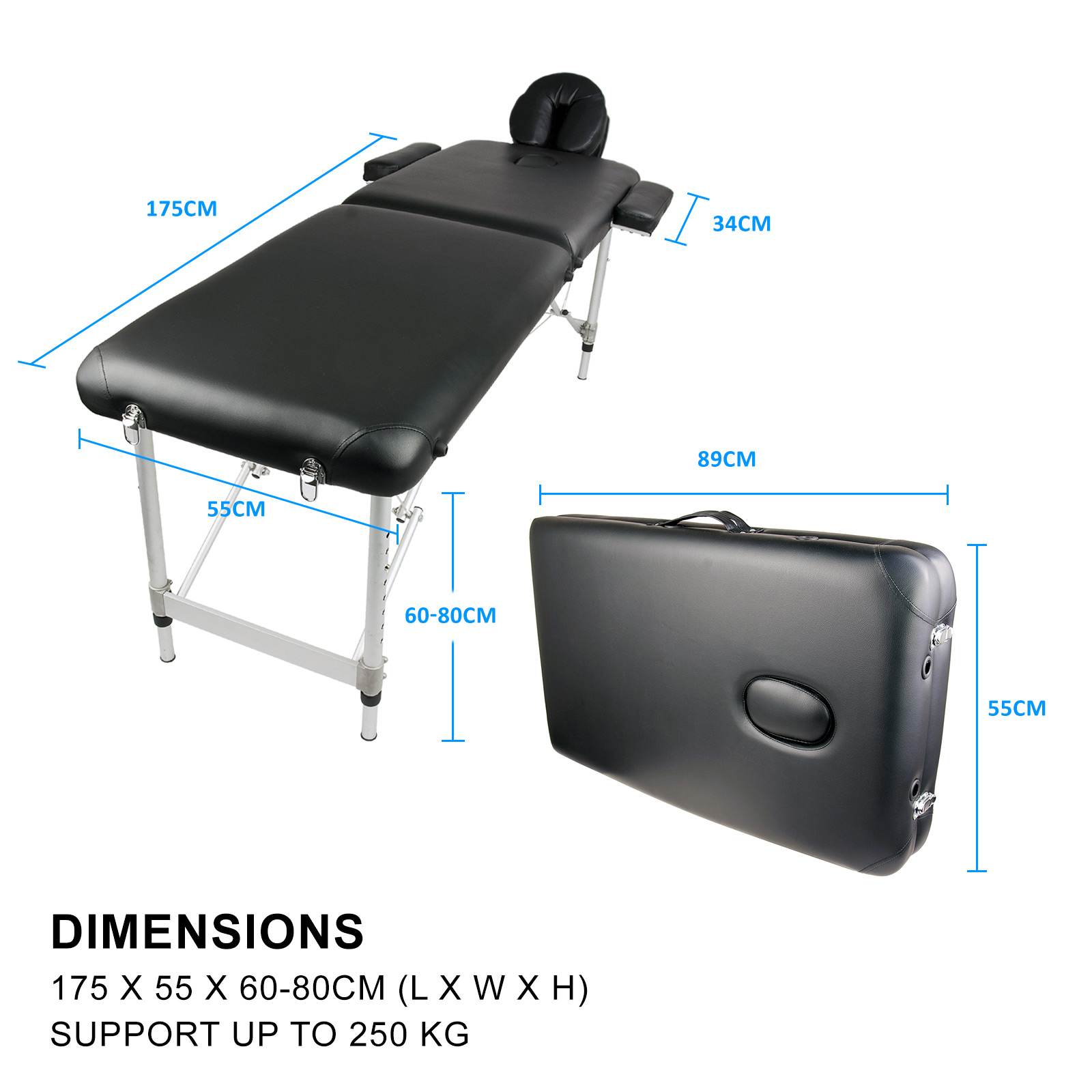 Aluminium Portable Massage Table 2 Fold Beauty Therapy Bed Waxing 55cm