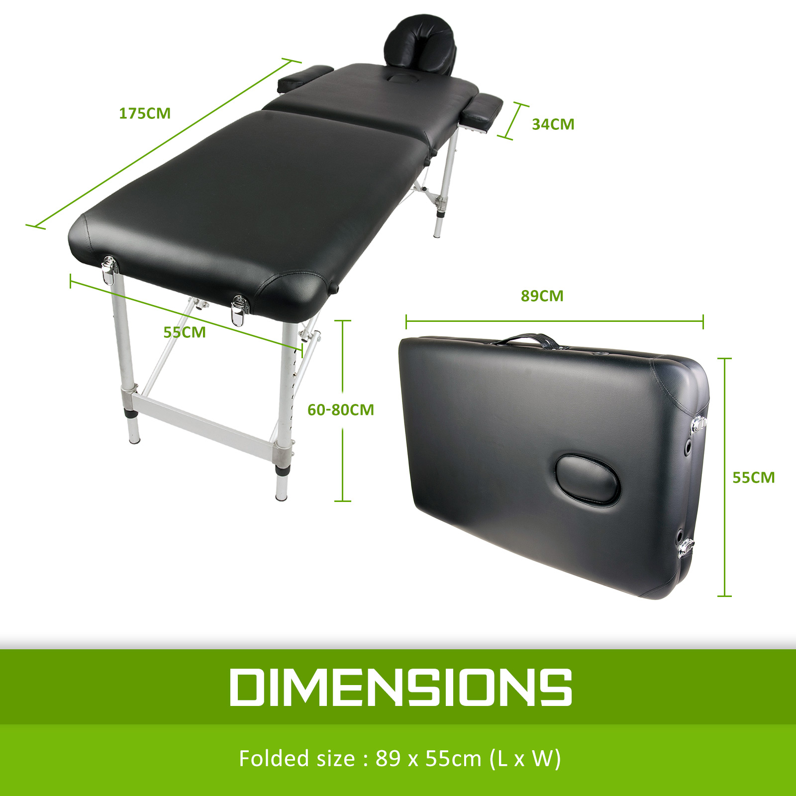 55cm Aluminium Portable Massage Table - BLACK - Forever Beauty