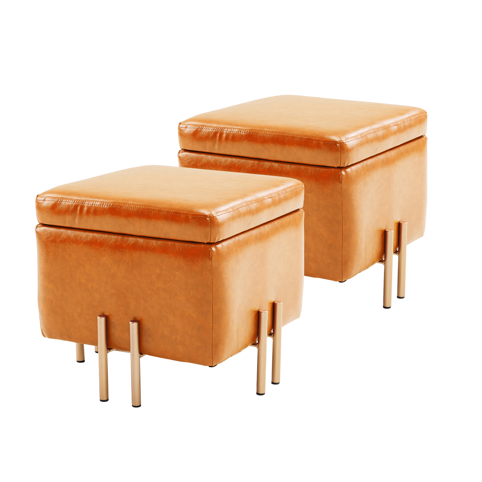 2X 45cm Storage Ottoman Cube PU Leather - LIGHT BROWN
