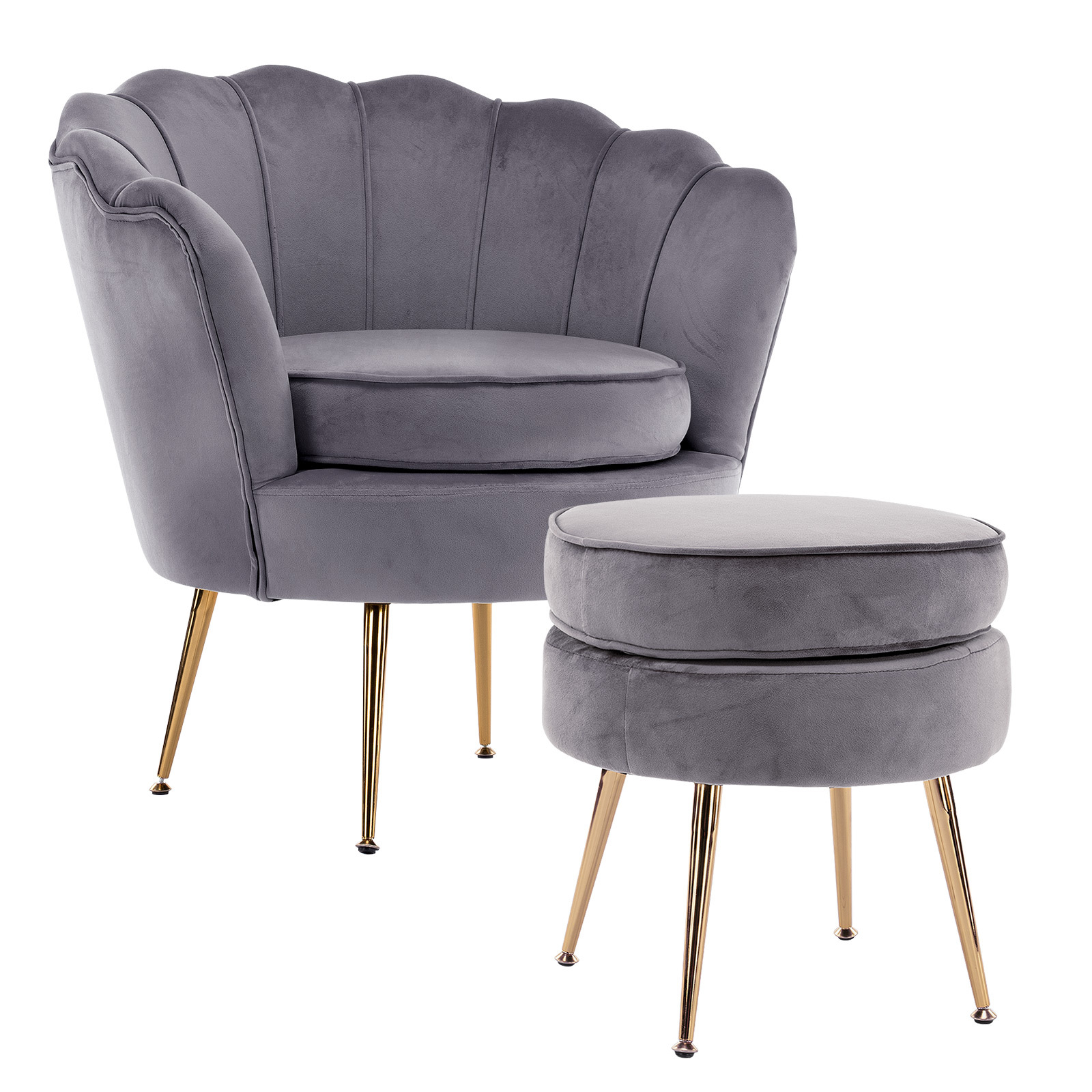 Armchair Velvet Shell Scallop + Ottoman Foot Stool - GREY