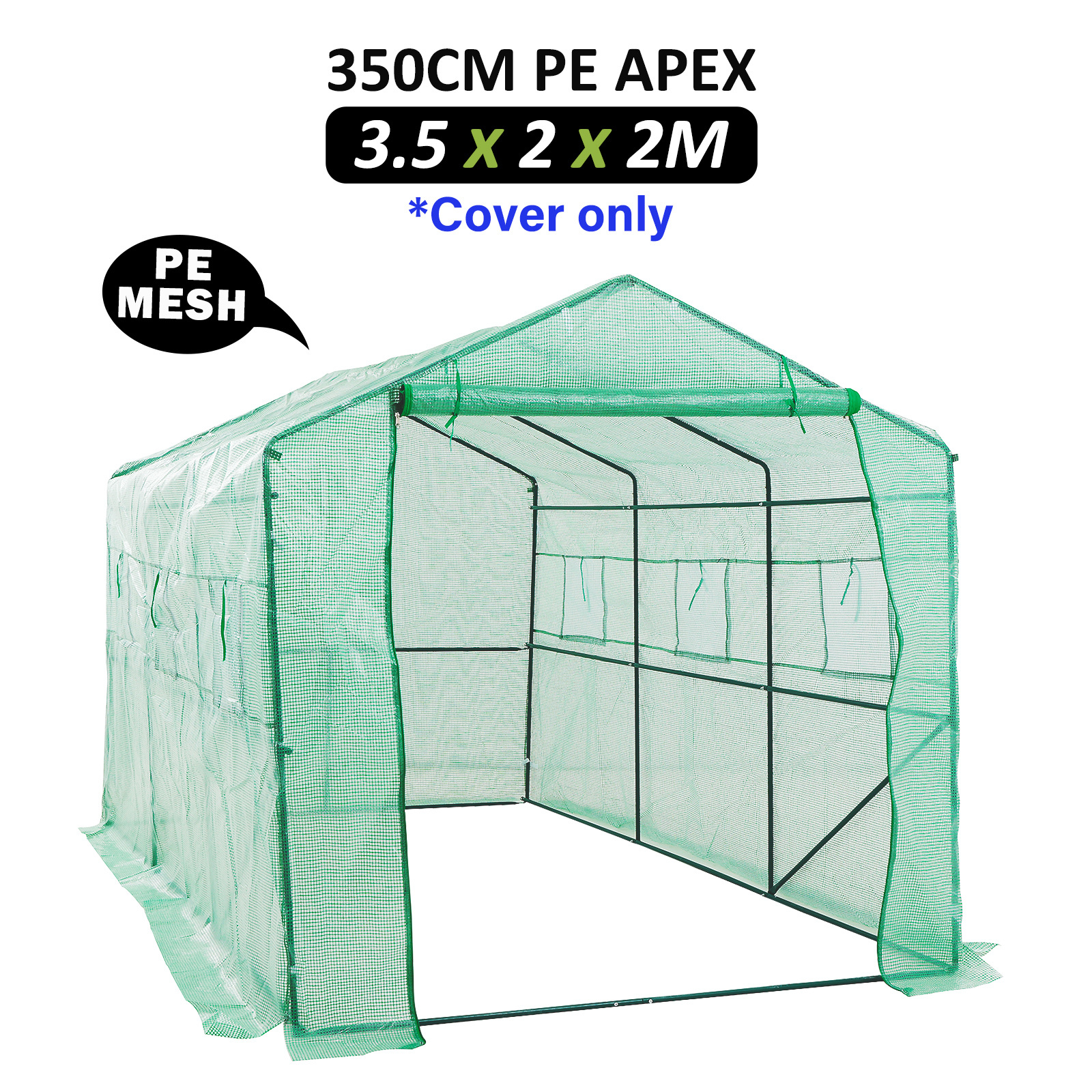 350cm Greenhouse PE Apex Roof Cover Only  - GREEN