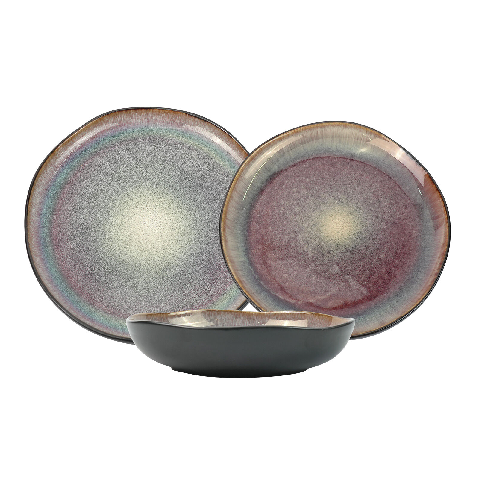 3 Pieces Reactive Glazed Ceramic Organic Fine Dinner Set with Plate and Bowl - Blue Brown