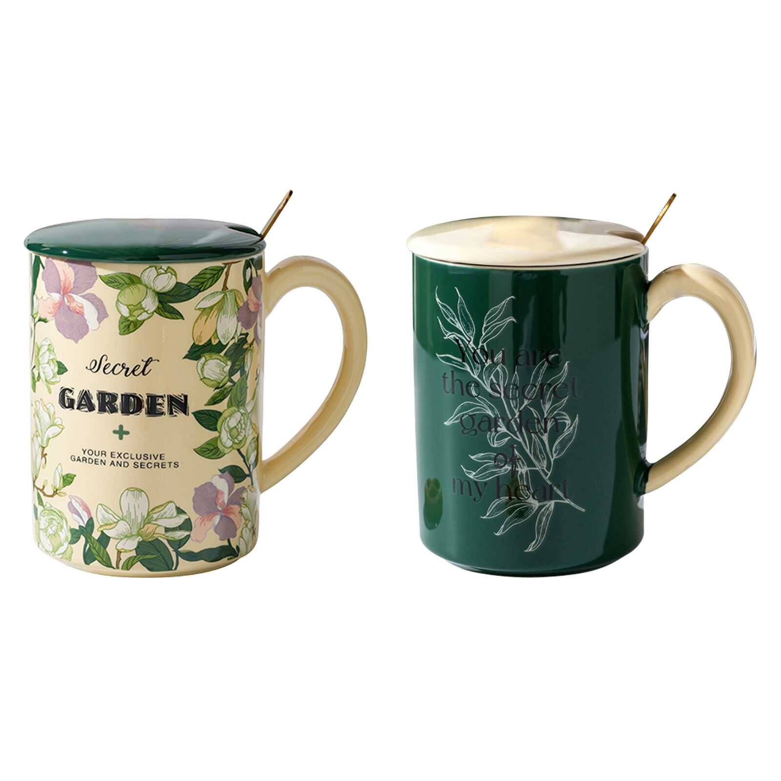 2X High-Fired Ceramic Mug Set with Lid 400ml Vintage Floral - GREEN