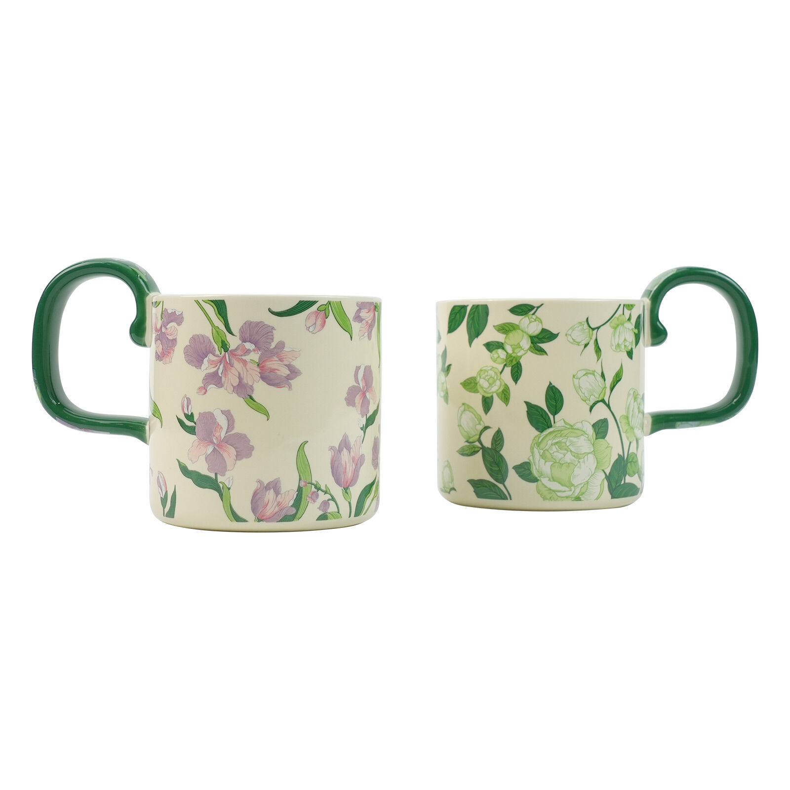2X High-Fired Ceramic Mug Set with Lid 400ml Vintage Floral - GREEN