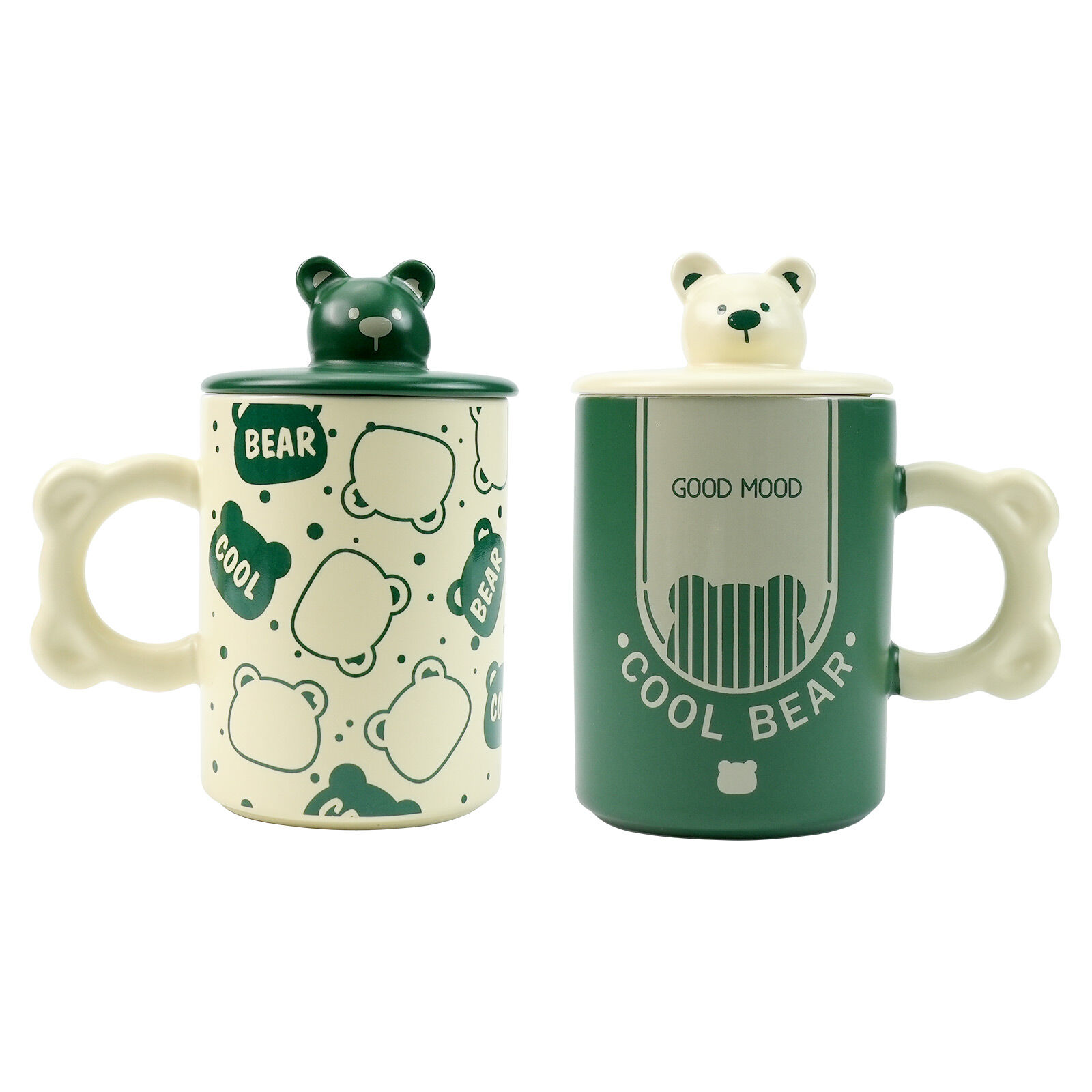 2X High-Fired Ceramic Mug Set with Lid 400ml Bear - GREEN