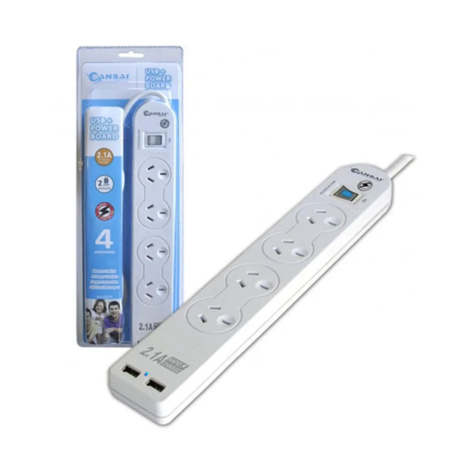 Sansai Surge Protected Powerboard - 4 Ways with 2xUSB Outlets