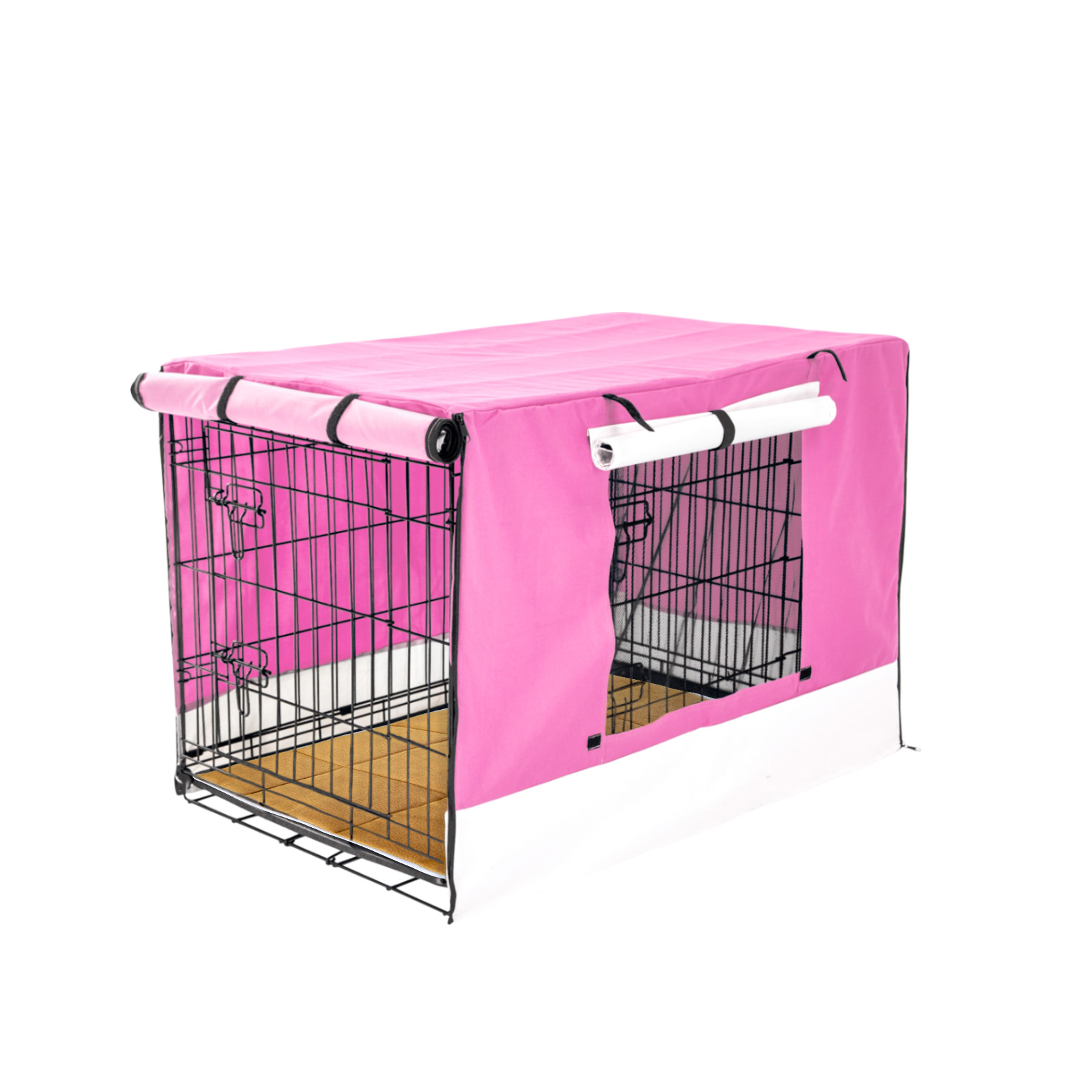 24in Foldable Wire Dog Cage with Tray + Cushion Mat + PINK Cover