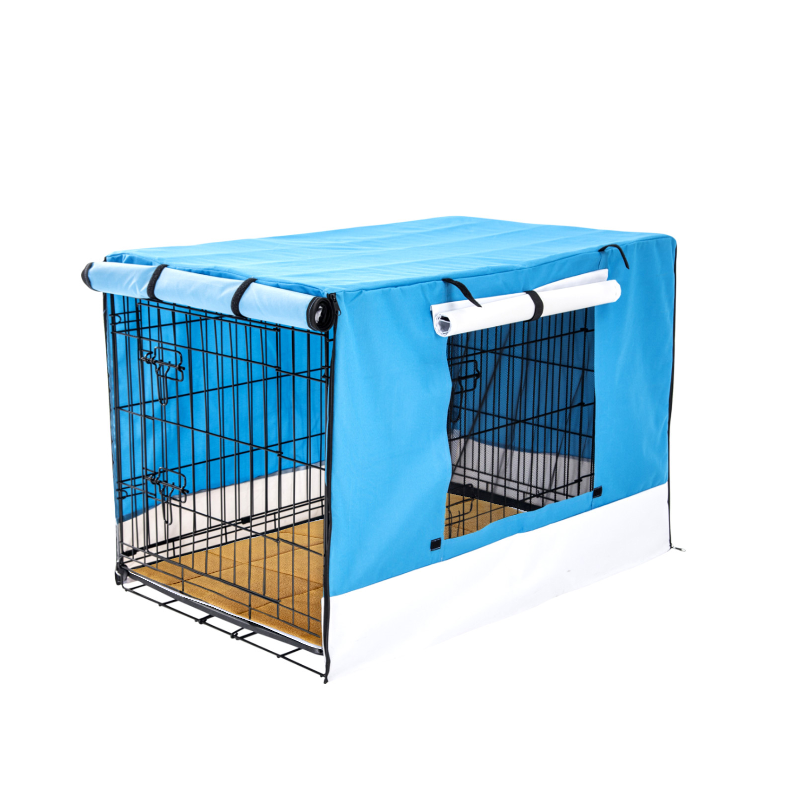 30in Foldable Wire Dog Cage with Tray + Cushion Mat + BLUE Cover