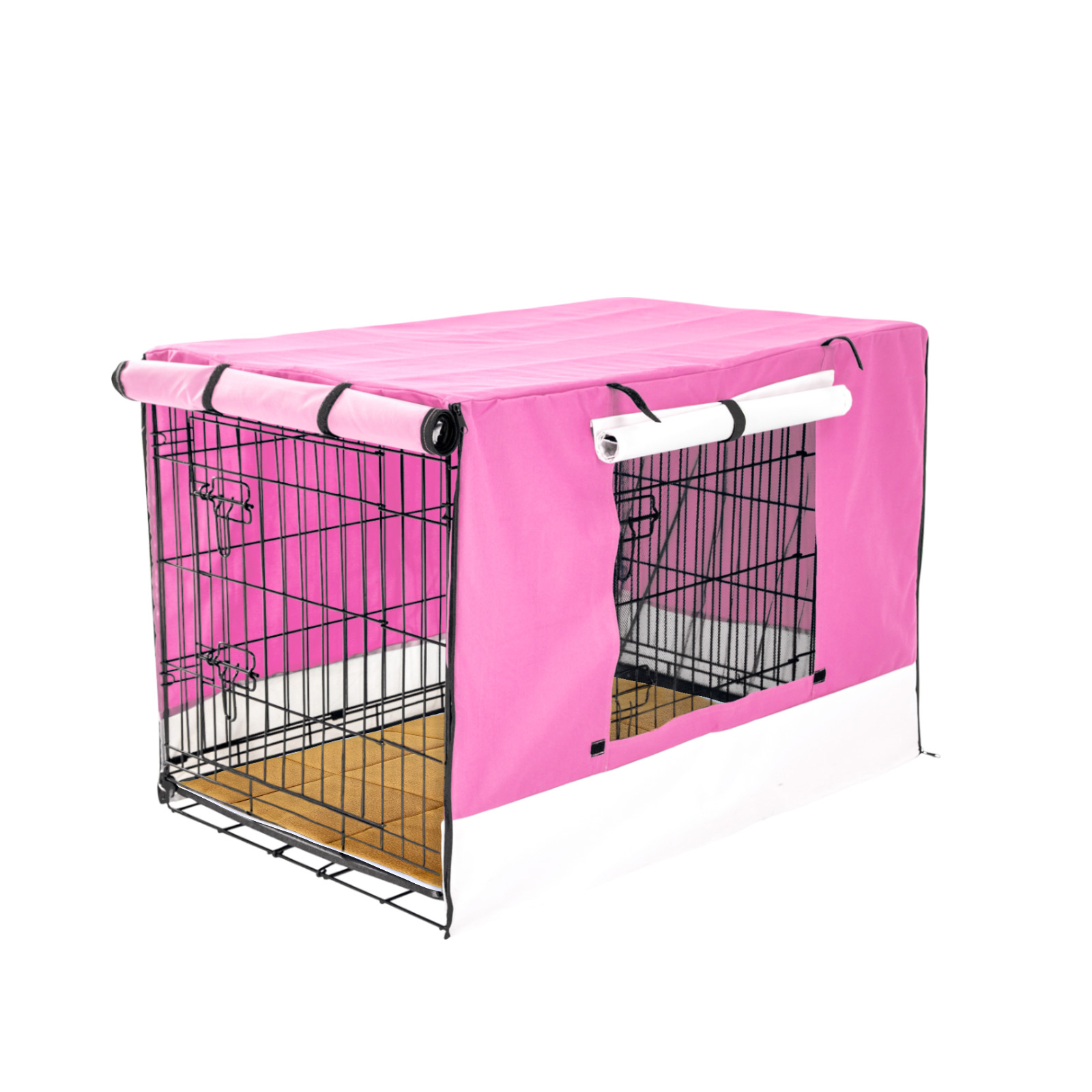 30in Foldable Wire Dog Cage with Tray + Cushion Mat + PINK Cover