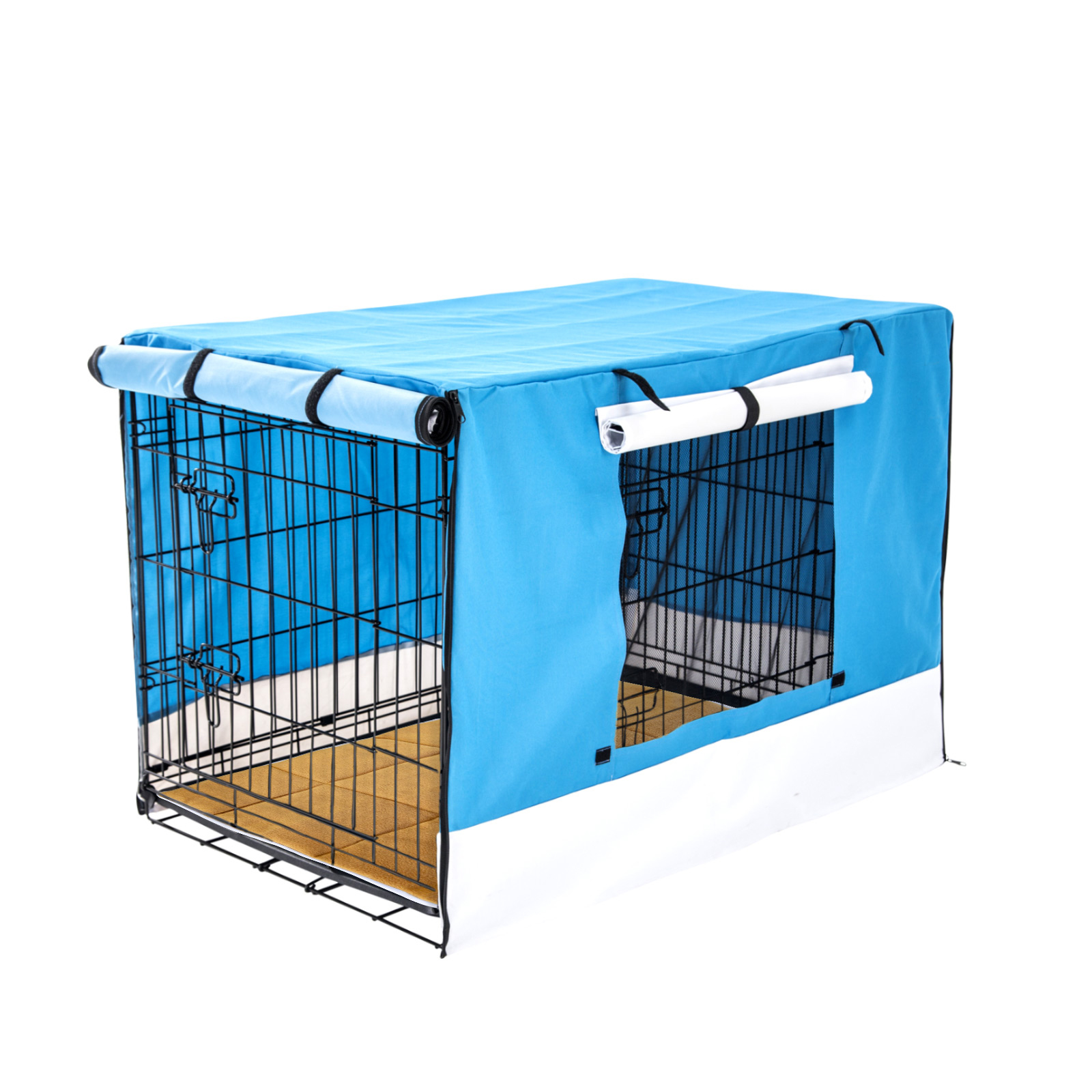 36in Foldable Wire Dog Cage with Tray + Cushion Mat + BLUE Cover