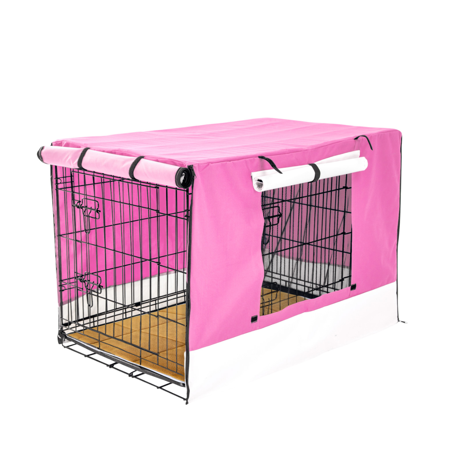 36in Foldable Wire Dog Cage with Tray + Cushion Mat + PINK Cover