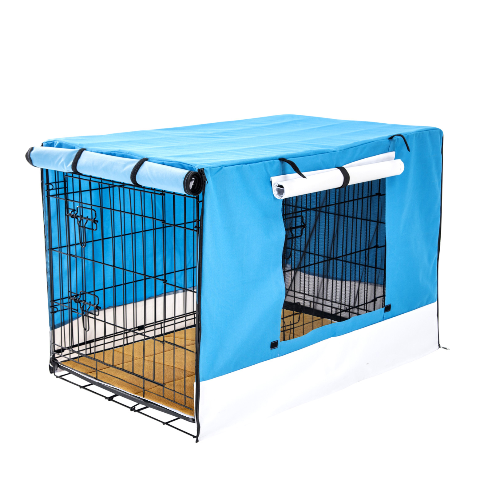 42in Foldable Wire Dog Cage with Tray + Cushion Mat + BLUE Cover