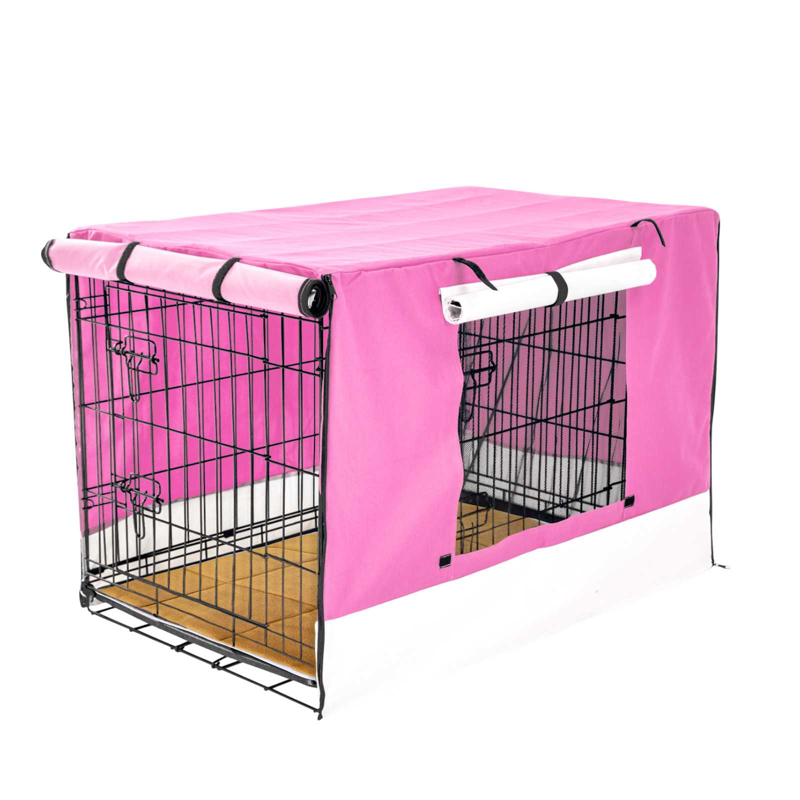 42in Foldable Wire Dog Cage with Tray + Cushion Mat + PINK Cover