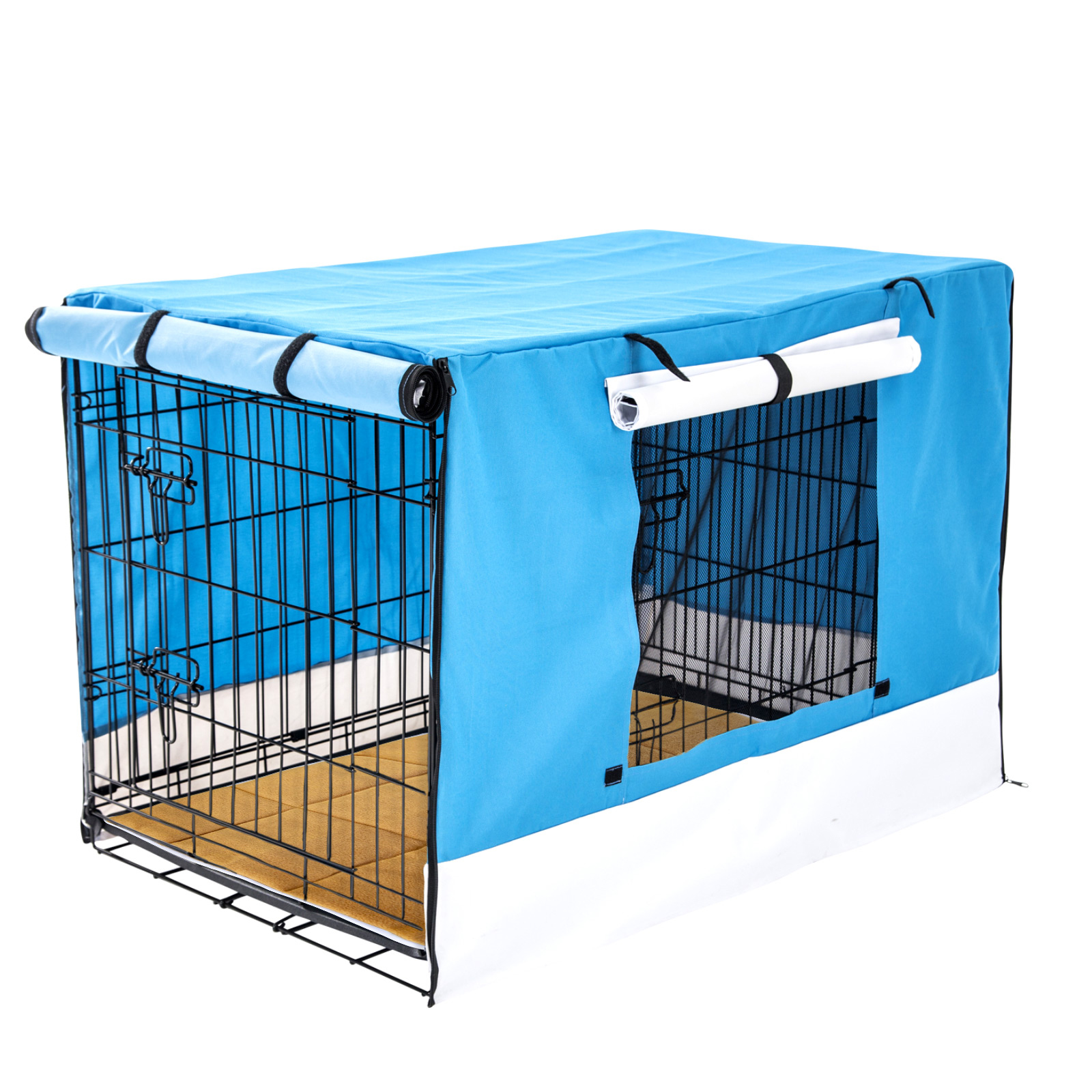 48in Foldable Wire Dog Cage with Tray + Cushion Mat + BLUE Cover