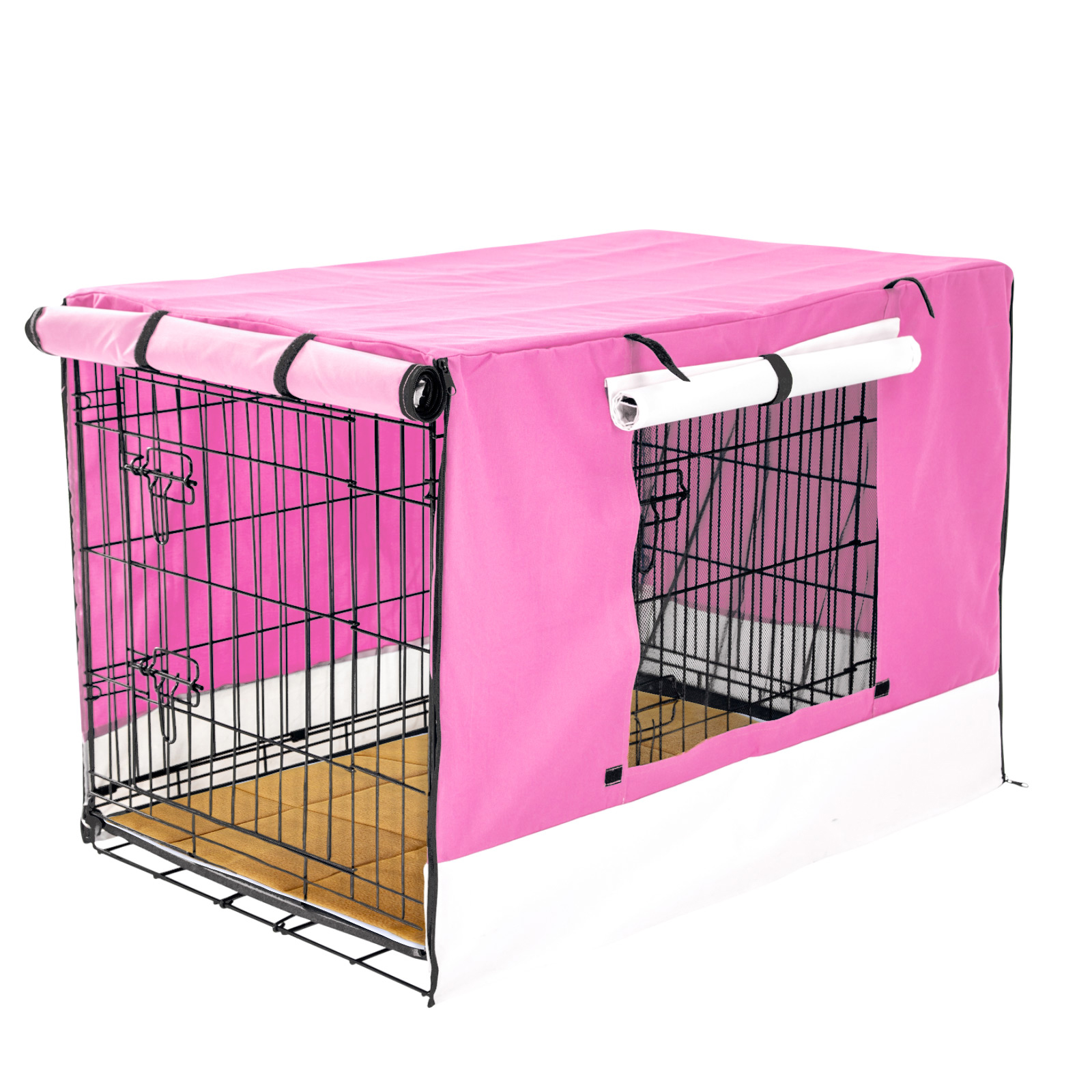 48in Foldable Wire Dog Cage with Tray + Cushion Mat + PINK Cover