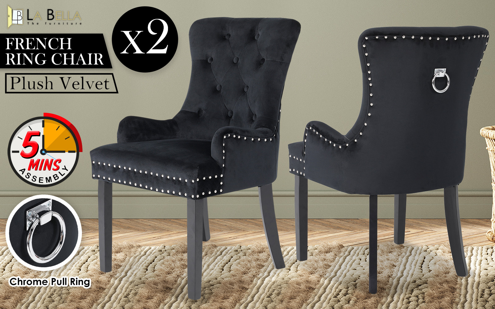 2X Dining Chair French Provincial Ring Studded Velvet Rubberwood LISSE - Picture 14 of 60
