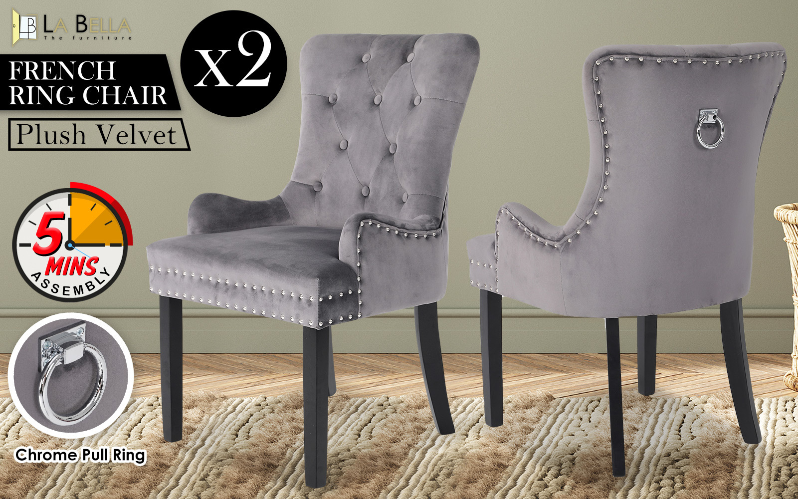 2X Dining Chair French Provincial Ring Studded Velvet Rubberwood LISSE - Picture 26 of 60