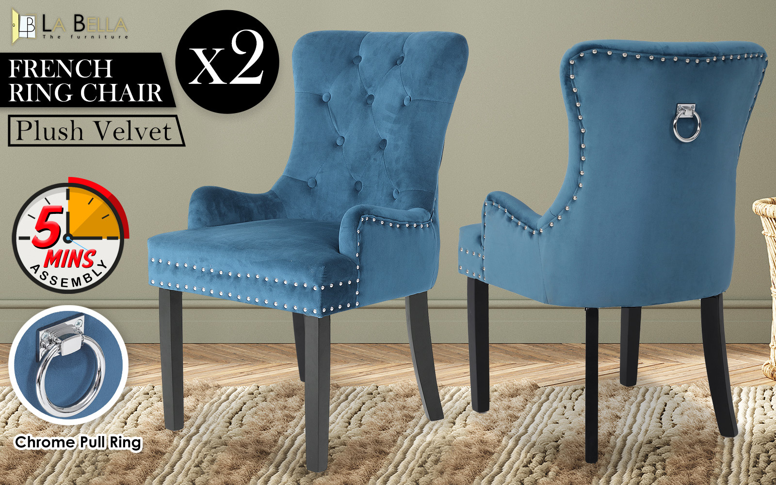 2X Dining Chair French Provincial Ring Studded Velvet Rubberwood LISSE - Picture 38 of 60