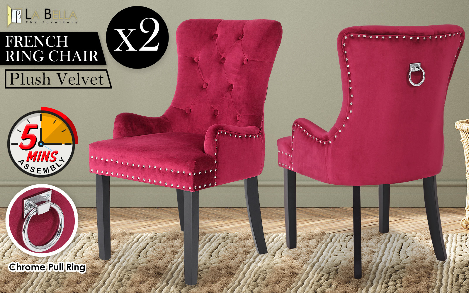 2X Dining Chair French Provincial Ring Studded Velvet Rubberwood LISSE - Picture 50 of 60