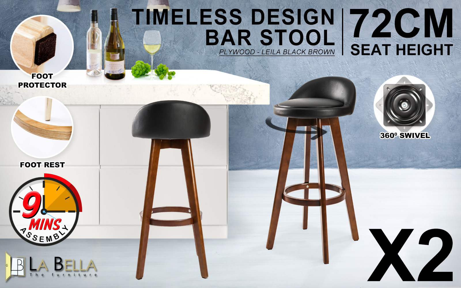 2X Wooden Bar Stool Barstools Dining Chair Kitchen Stools Swivel PU Fabric - Picture 164 of 210