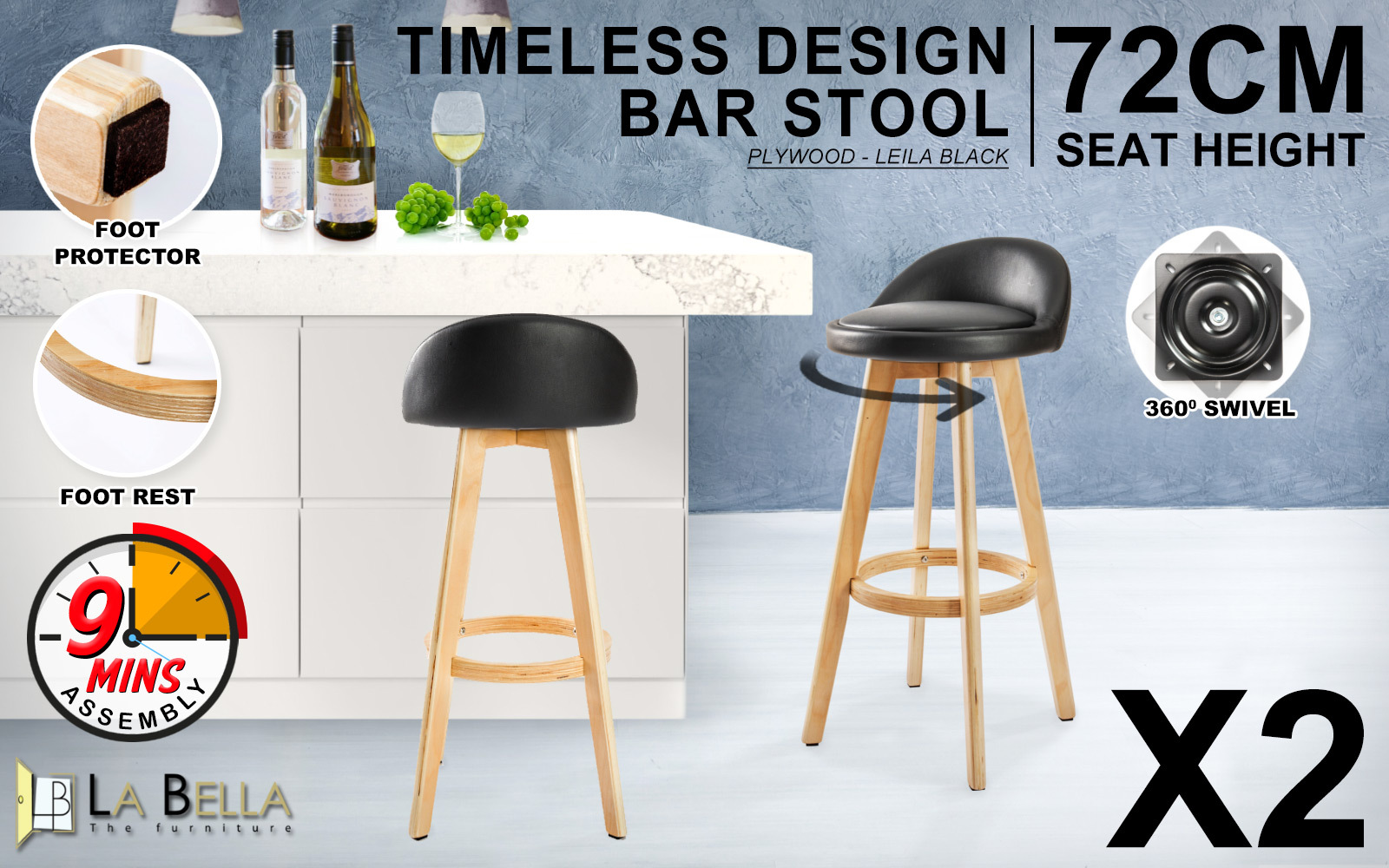 2X Wooden Bar Stool Barstools Dining Chair Kitchen Stools Swivel PU Fabric - Picture 176 of 210