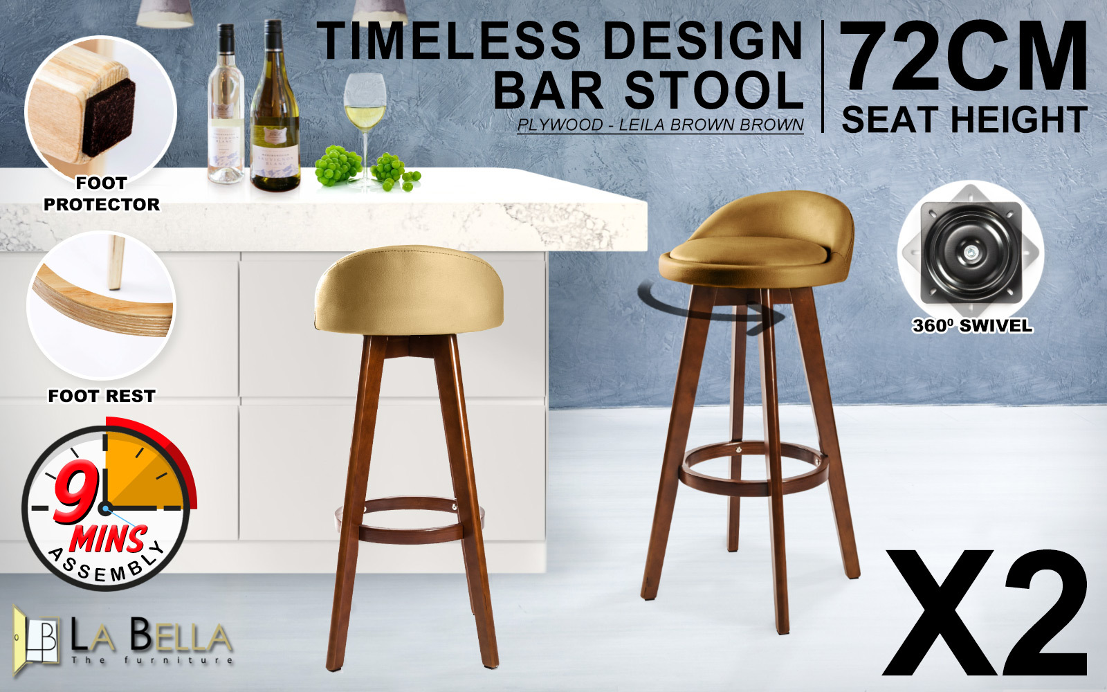 2X Wooden Bar Stool Barstools Dining Chair Kitchen Stools Swivel PU Fabric - Picture 188 of 210