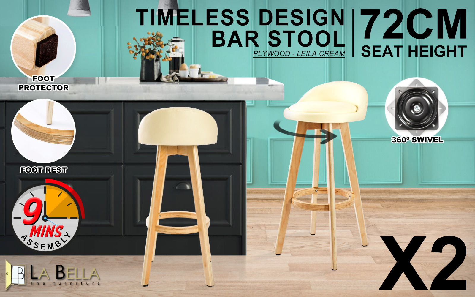 2X Wooden Bar Stool Barstools Dining Chair Kitchen Stools Swivel PU Fabric - Picture 200 of 210