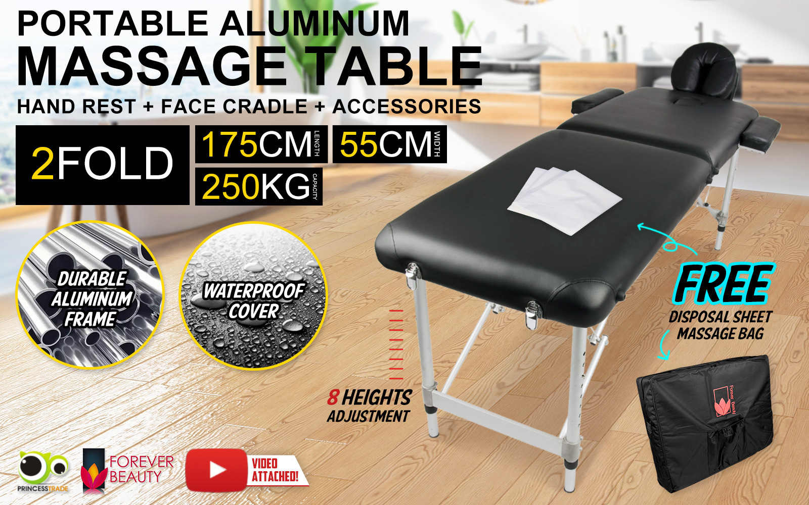 Aluminium Portable Massage Table 2 Fold Beauty Therapy Bed Waxing