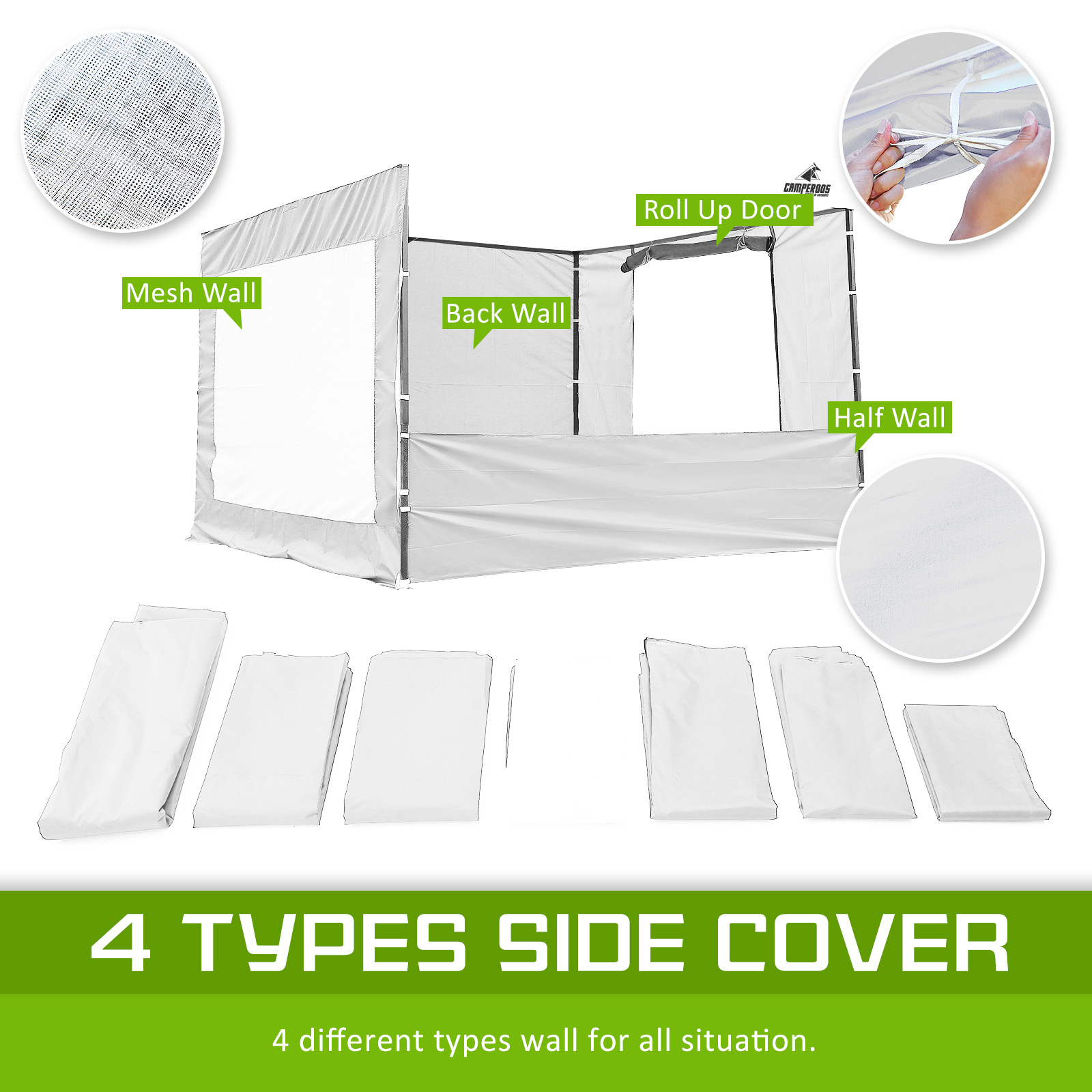 6x Side Walls Camperoos 3x4 5m Gazebo Canopy Half Plain Mesh Zip