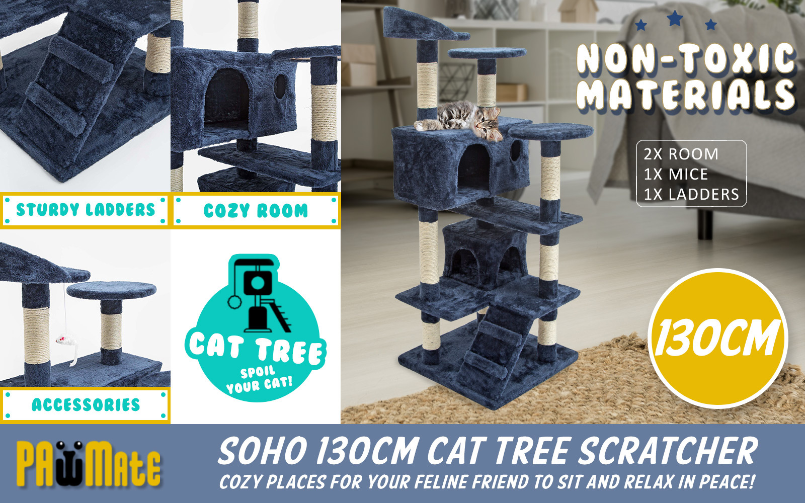 130cm Cat Tree Scratcher SOHO - BLUE - Paw Mate