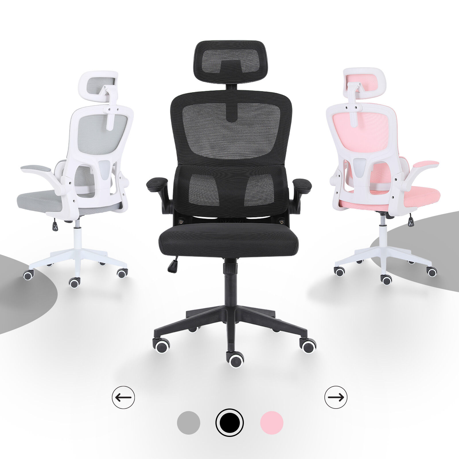 Ergonomic Mesh Office Chair, Lumbar Support, Adjust Headrest PINK/GREY/BLACK/B&W - Picture 15 of 75