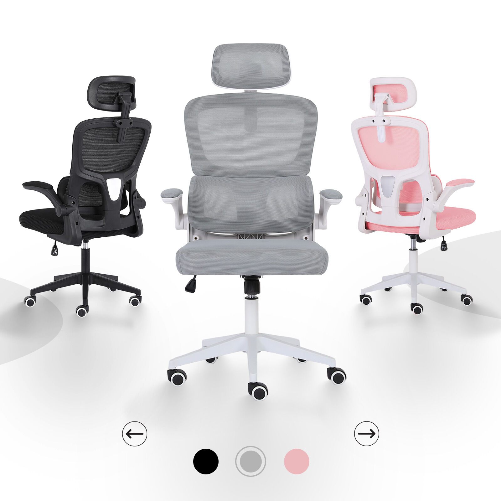 Ergonomic Mesh Office Chair, Lumbar Support, Adjust Headrest PINK/GREY/BLACK/B&W - Picture 26 of 75
