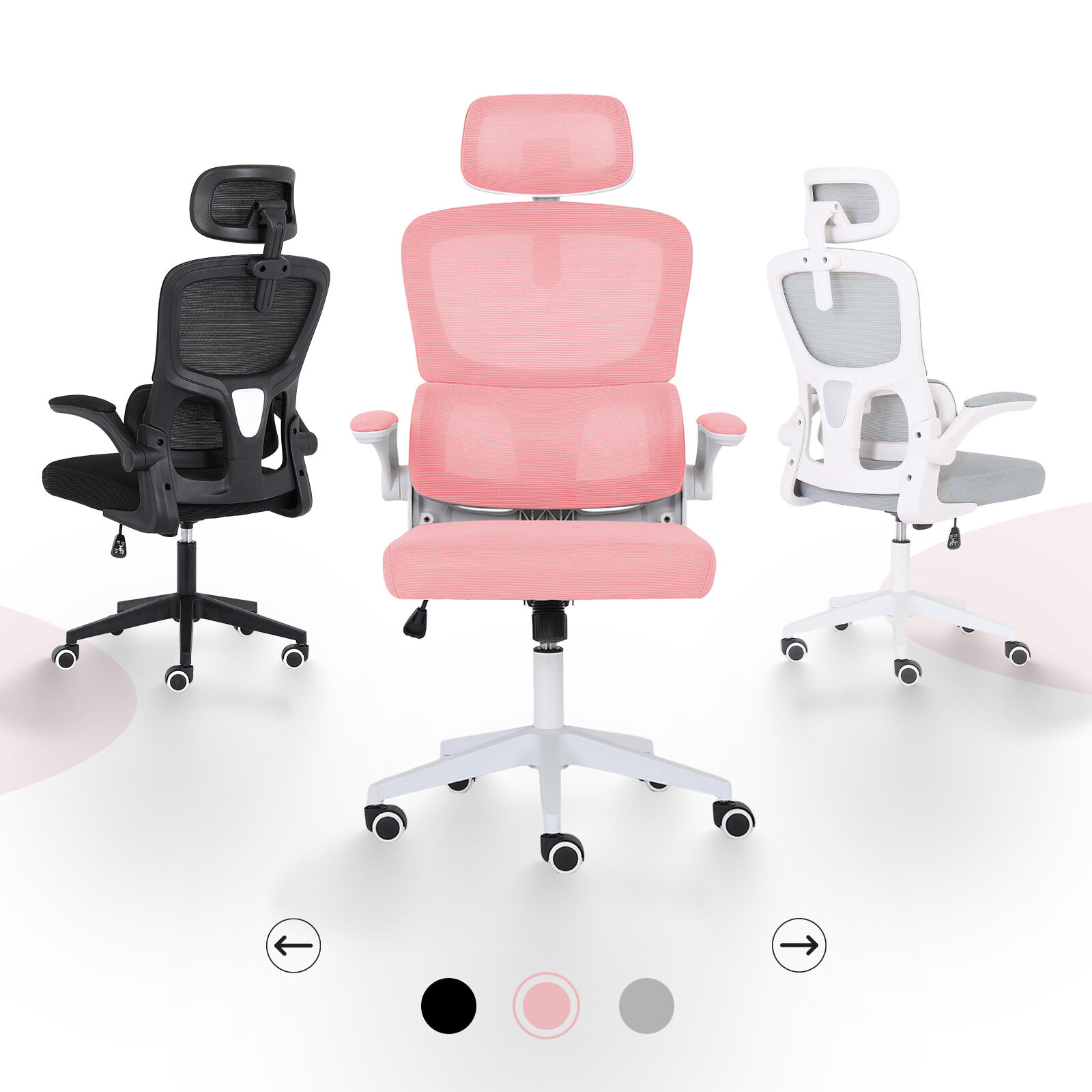 Ergonomic Mesh Office Chair, Lumbar Support, Adjust Headrest PINK/GREY/BLACK/B&W - Picture 37 of 75