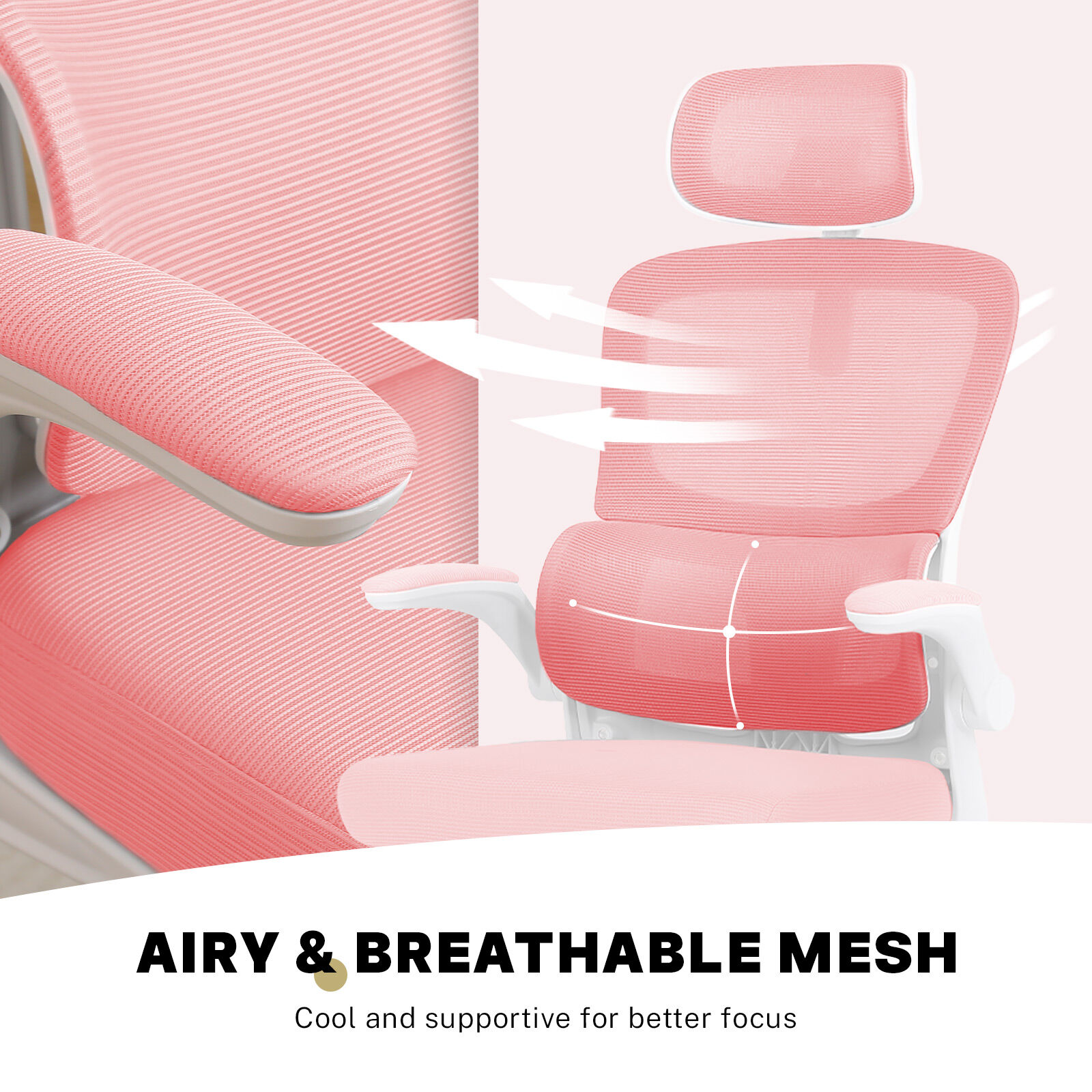 Ergonomic Mesh Office Chair, Lumbar Support, Adjust Headrest PINK/GREY/BLACK/B&W - Picture 41 of 75